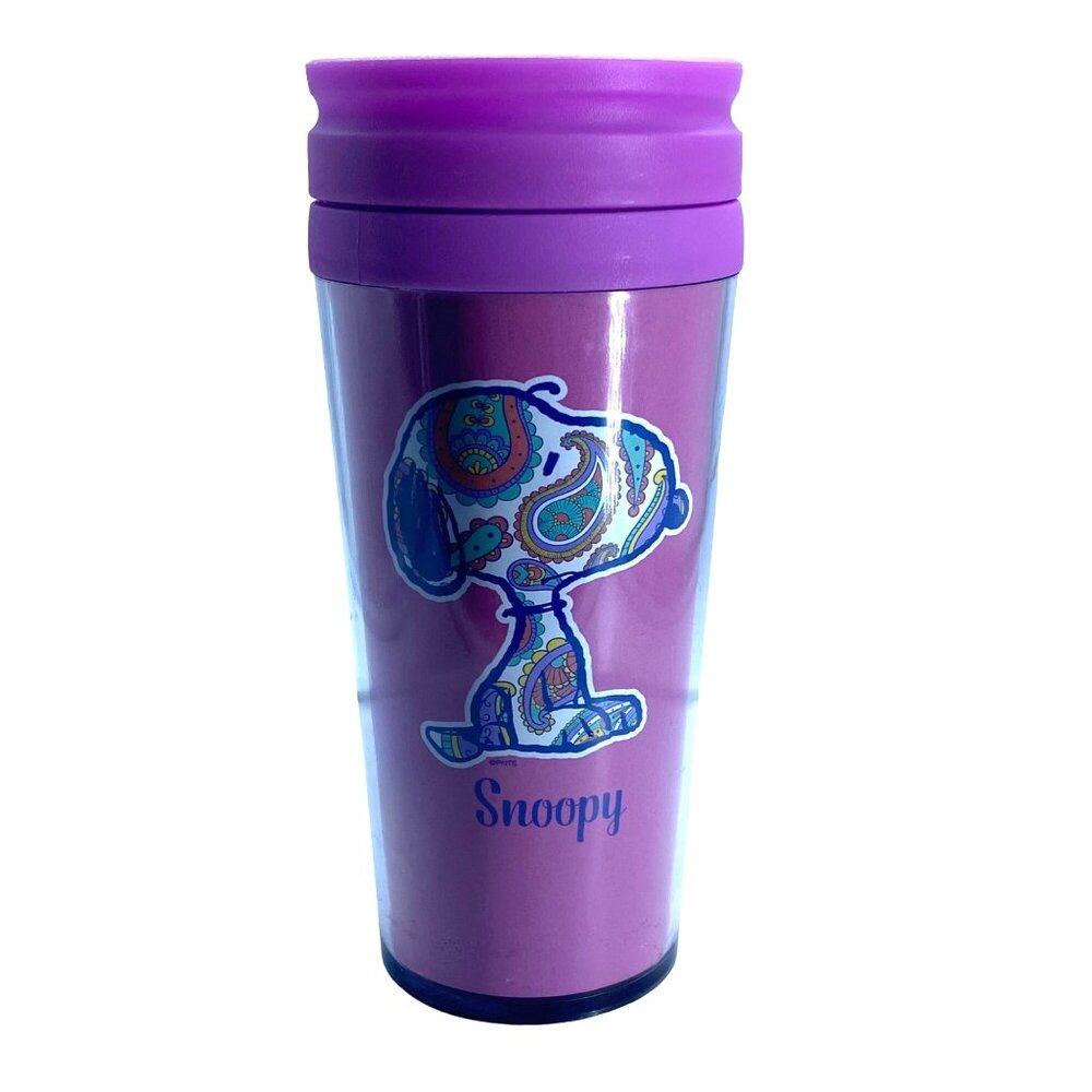 Paisley Snoopy Travel Mug With Purple Lid 16 Oz Double Wall Insulated Tumbler 7”